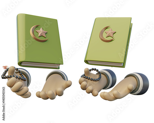 Al-Quran and pray elements of international Islamic holidays and suitable for memorizing the Quran. Realistic 3d design emoji. 3d rendering and 3D illustration