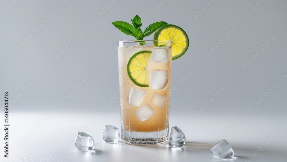 Glass of lemonade or limeade featuring ice and a lemon slice Glass of lemonade or limeade featuring ice and a lemon slice