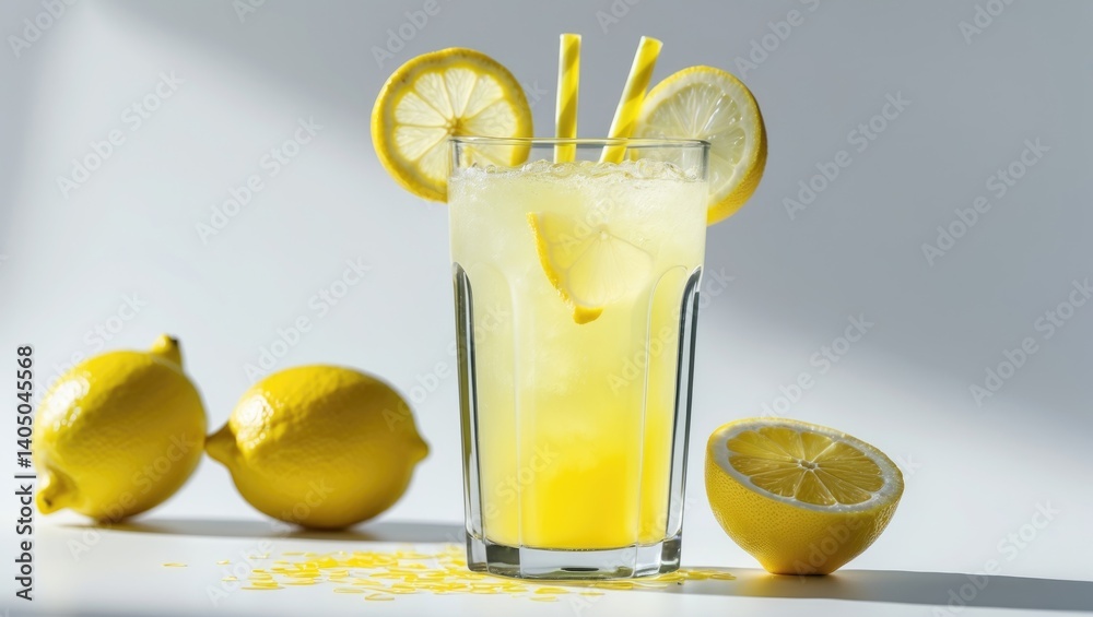 Glass of lemon juice with fresh lemons. Isolated on a background Glass of lemon juice with fresh lemons. Isolated on a background
