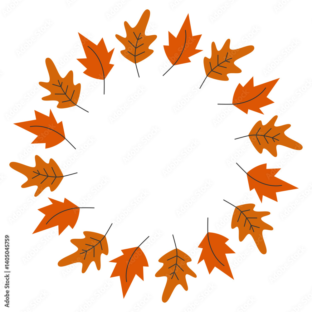 Freehand Maple and Oak dry leaves Circular Frame border Autumn Holiday Greeting Copy space Template