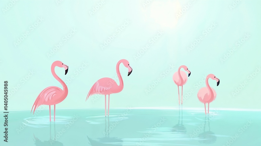 Obraz premium Stylized pink flamingos standing in water with a soft pastel background