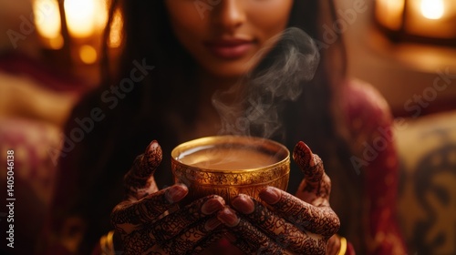 Fototapeta Naklejka Na Ścianę i Meble -  Close-up of a woman holding a steaming cup of spiced tea.