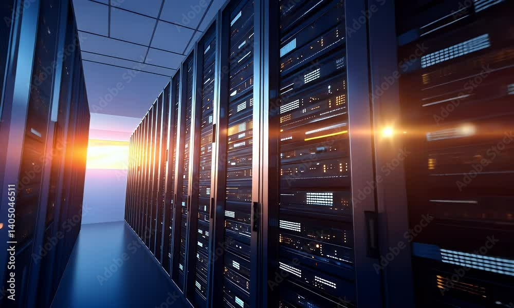 A modern data center with rows of server racks illuminated by sunset, showcasing technology and digital infrastructure A modern data center with rows of server racks illuminated by sunset, showcasing technology and digital infrastructure