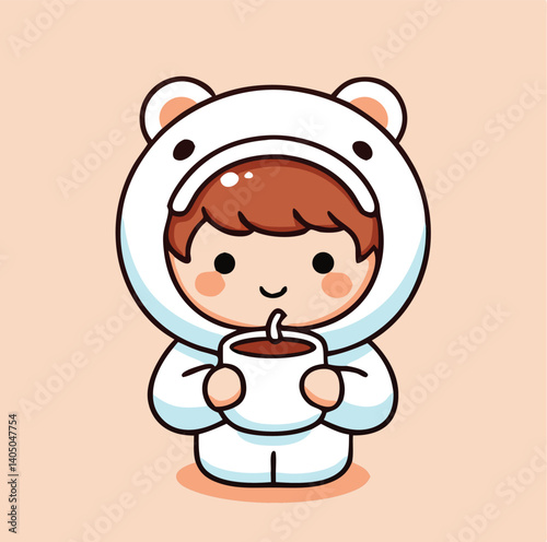 Cute Boy Cartoon Character In Bear Costume Drinking Coffee Illustration