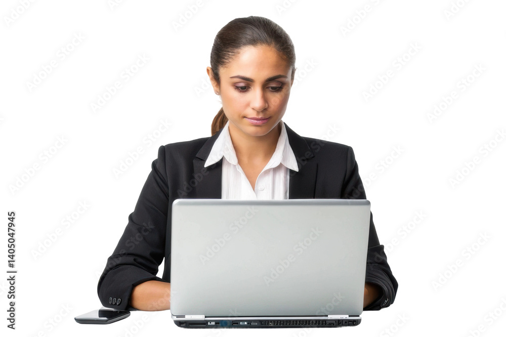 Focused businesswoman working on laptop in professional attire for productivity and career development Focused businesswoman working on laptop in professional attire for productivity and career development