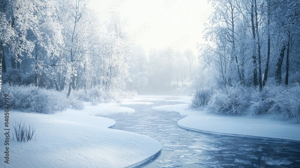 Fototapeta premium Wintry River Landscape: A Serene Winter Wonderland