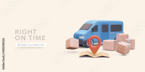 3D Blue Delivery Van with Location Pin, Map, and Boxes in a Clean Cartoon Style. Perfect for Courier Services, Fast Shipping, and Mobile Logistics Apps. Vector Illustration.