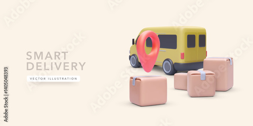 Delivery Van with Map Pin and Boxes in 3D Cartoon Style. Ideal for Shipping, Courier, Last-Mile Logistics, and Smart Delivery Services. Trendy and Clean Look. Vector Illustration.
