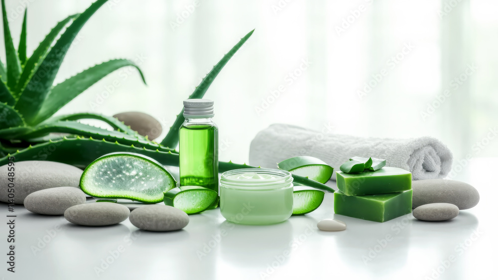 Aloe-based skincare and wellness items arranged on clean background. Concept of self-care, beauty, and organic body treatment.