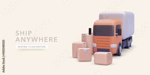 Cargo Truck with Cardboard Boxes in 3D Cartoon Style. Perfect for Shipping, Logistics, Freight Transport, and Delivery Services. Clean Minimal Design. Vector Illustration.