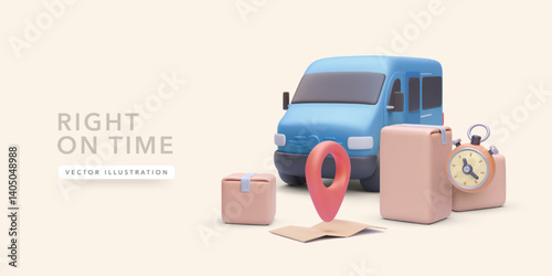 Delivery Van with Timer, Boxes, Map, and Location Pin in 3D Cartoon Style. Ideal for Fast Shipping, Tracking, and Express Logistics Concepts. Vector Illustration.
