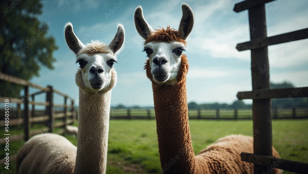 Obraz premium Llamas in the enclosure. A livestock breeding farm. Personal farm with animals.