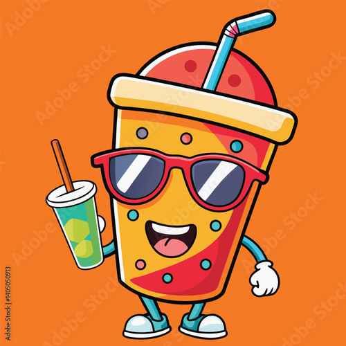 Cartoon Character Drink With Sunglasses Holds Another Beverage On Orange Background