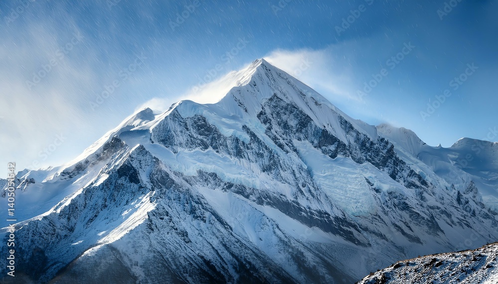 Obraz premium A breathtaking snow-covered mountain peak under a clear blue sky.