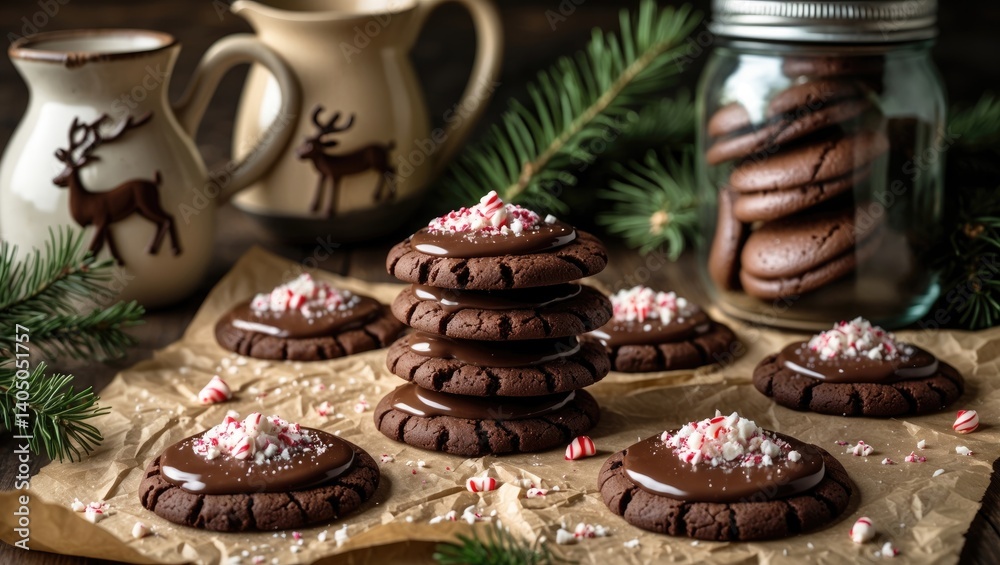 Chocolate Cookies for Christmas Topped with Chocolate Glaze and Crushed Candy Cane