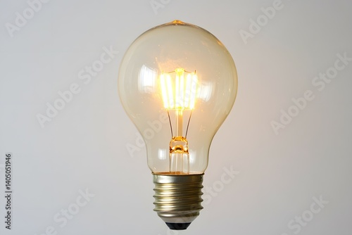 Lit lightbulb with visible filament against a plain white background.