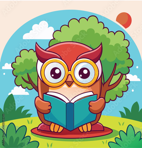 Cartoon Owl Character Reading Book Outdoors In Sunny Landscape Illustration