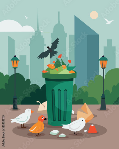 A pile of discarded food waste sits next to a trash can in a busy city park attracting flocks of seagulls and rats.. Vector illustration