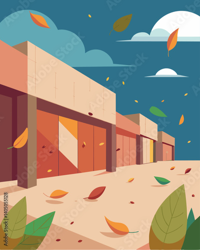 The only movement in the vacant shopping center comes from the leaves rustling in the breeze.. Vector illustration