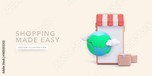 Online Shopping From Anywhere in the World With Fast Global Delivery, Mobile E-commerce Concept Featuring Globe, Phone, and Packages. Trendy 3D Style. Vector Illustration.