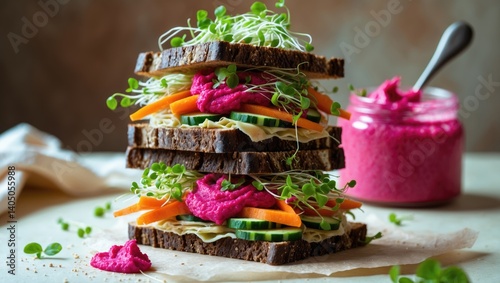 Vegan sandwiches without gluten featuring beet hummus, fresh vegetables, and sprouts.