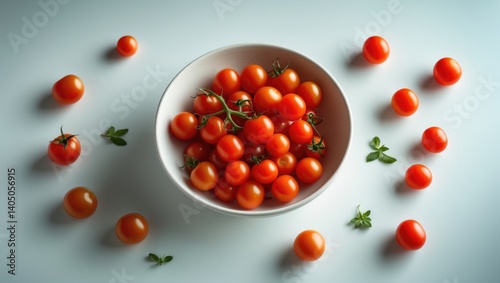 Fresh cherry tomatoes in a white bowl. Nutritious food. Isolated backdrop. photo