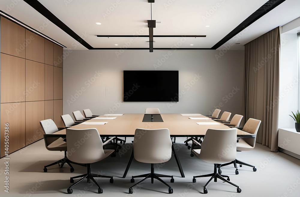 A spacious, modern meeting room with a minimalist design, featuring a large table, sleek chairs A spacious, modern meeting room with a minimalist design, featuring a large table, sleek chairs