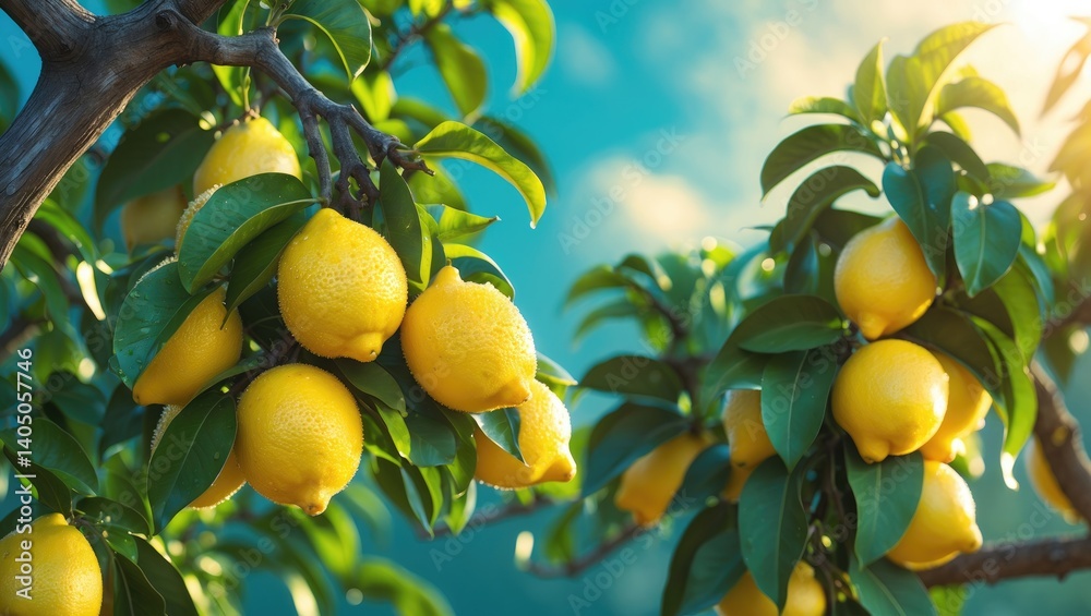 Clusters of fresh yellow ripe lemons accompanied by green leaves Clusters of fresh yellow ripe lemons accompanied by green leaves