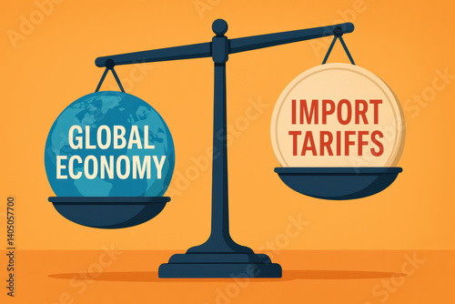 Tariff policy control,scale balancing global economy and import tariffs symbolizes impact of tariff policy on economic control