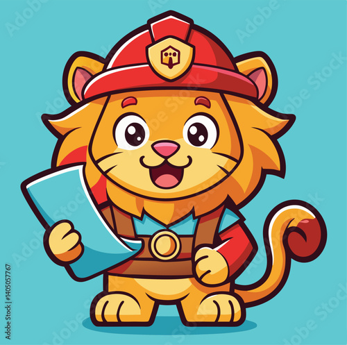 Cartoon Lion Firefighter Holding A Blueprint On A Blue Background Illustration