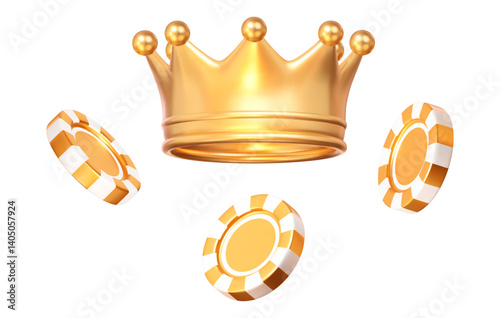3d golden Crown with casino poker chips. Online casino, gambling. Stock vector illustration on isolated background.