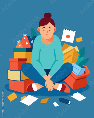 A person surrounded by piles of unused and forgotten items feeling overwhelmed and suffocated by their possessions.. Vector illustration