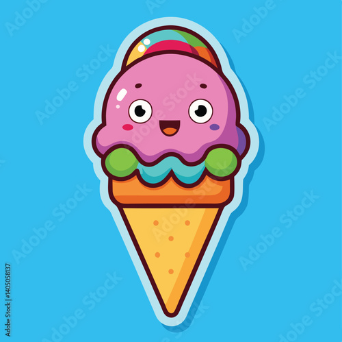 Adorable Cartoon Ice Cream Character With Smiling Face And Colorful Flavors