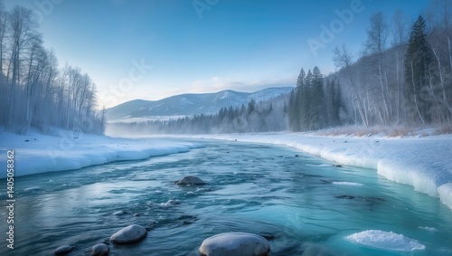 Frozen glades beside a river set against a backdrop of mountains.