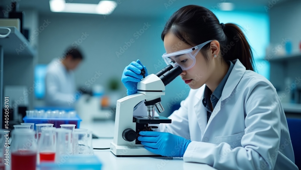 Dedicated Scientist Observes Under Microscope in a Modern Lab Dedicated Scientist Observes Under Microscope in a Modern Lab