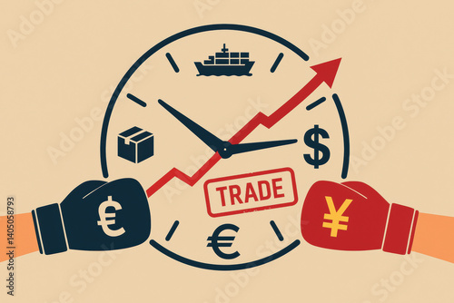 Tariff policy control,dynamic illustration of global trade featuring currency symbols, boxing gloves, and clock symbolizes impact of tariff policy and control on international commerce