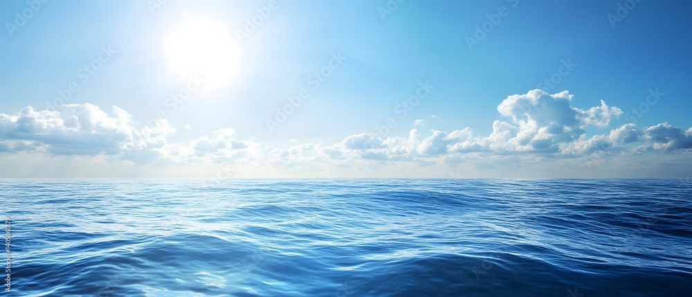Fototapeta premium Blue ocean with sun and clouds in the sky creates a serene scene.