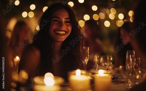 Smiling woman enjoys a warm evening dinner party.