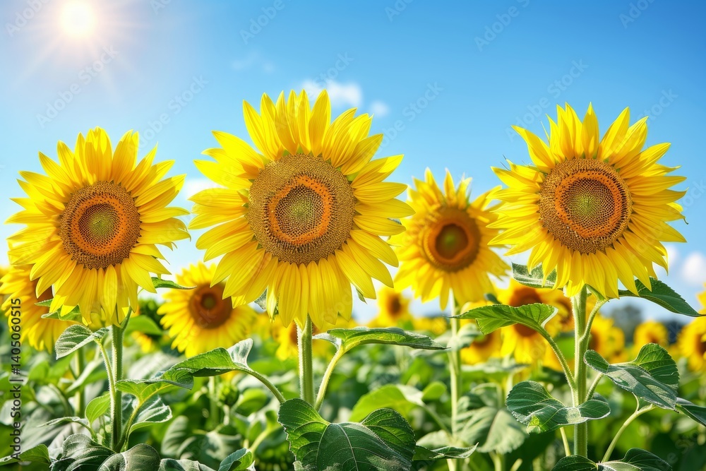 Fototapeta premium Bright and cheerful background featuring sunflowers glowing in warm sunlight for a joyful look.