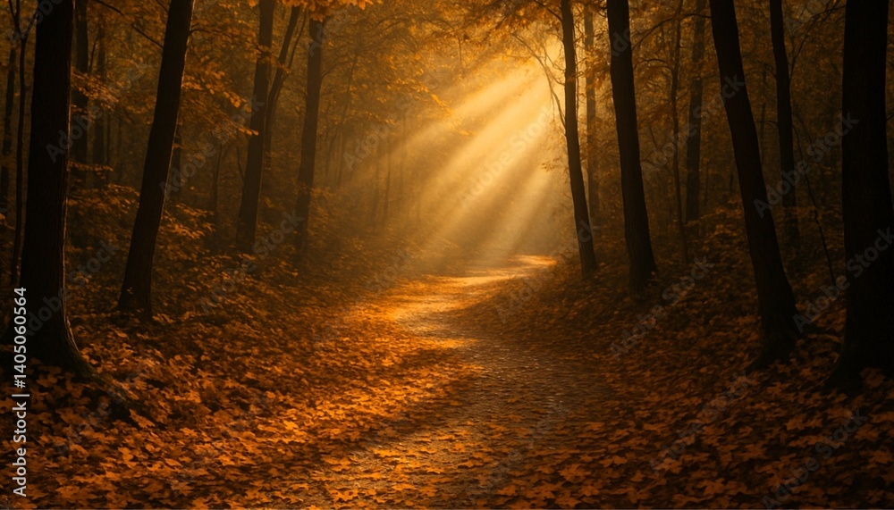 Fototapeta premium Enchanted Autumn Forest Path Sunbeams Through Golden Leaves