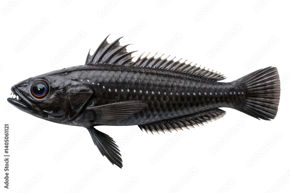 Unique black fish with striking features swimming in the ocean environment Unique black fish with striking features swimming in the ocean environment