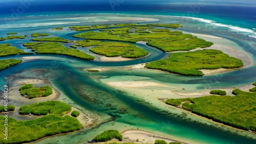 Wallpaper Mural Aerial view of a vibrant lagoon with shallow turquoise water and lush green islands, creating a stunning coastal ecosystem. Torontodigital.ca