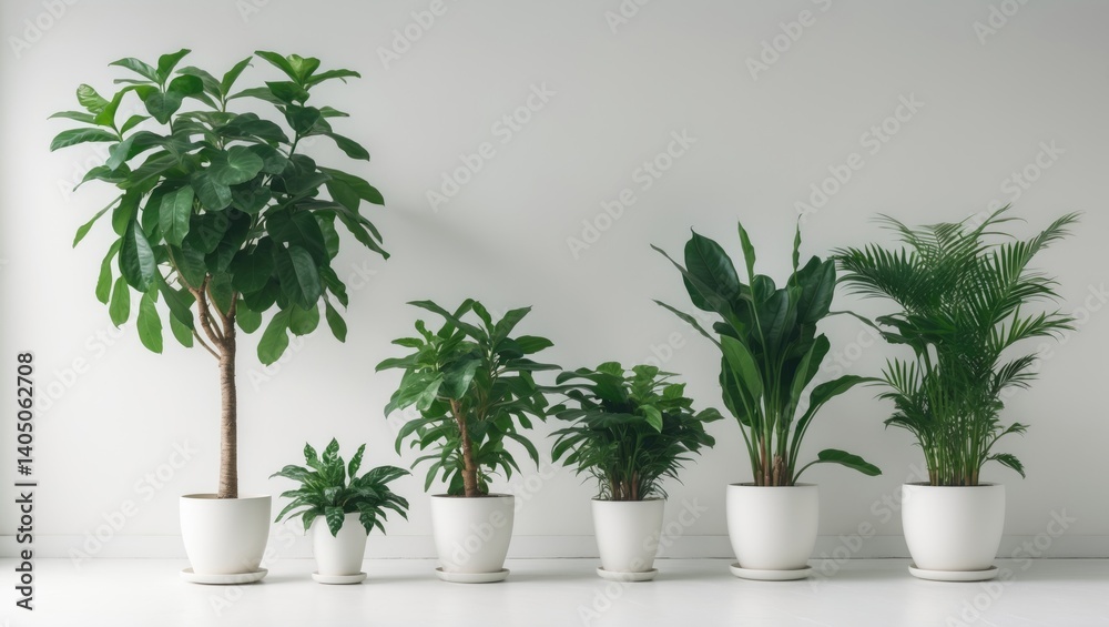 Fototapeta premium Ficus lyrata, Sansevieria, Pachira, and ZZ Zamioculcas zamiifolia in a white ceramic pot. Multiple species. Set against a white background.