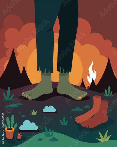A pair of feet covered in grime and smog standing amidst a sea of deforested trees and burning trash.. Vector illustration
