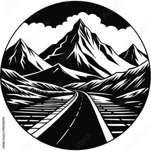Mountain Road Landscape Vector Illustration: Black and White Graphic Design of a Scenic Mountainous Highway in a Circle Frame