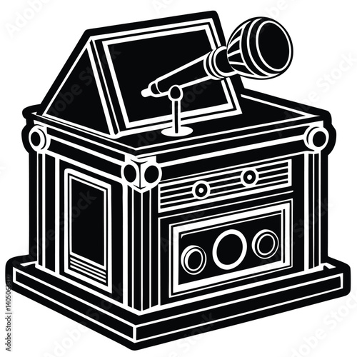 Black and White Vector Illustration of a Podium with Microphone, Public Speaking, Presentation, Orator, Conference, and Speech