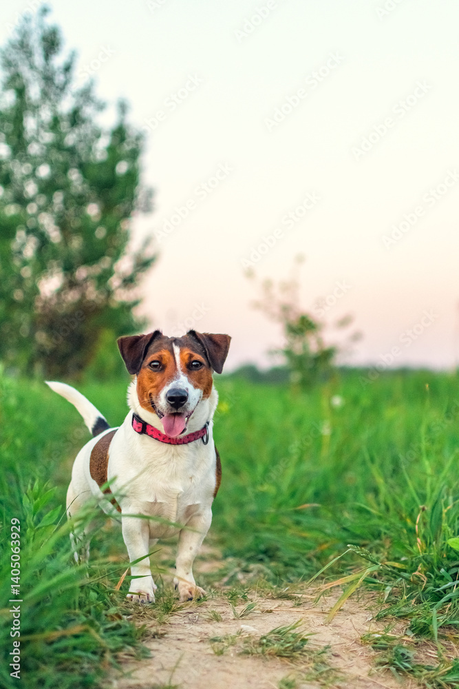 Jack Russell Terrier dog walking in green grass. Jack Russell Terrier dog walking in green grass.