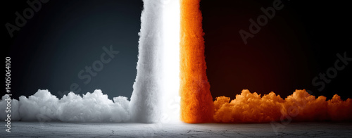 dramatic visual of contrasting smoke clouds, one side white and other orange, creating striking division. background is dark, enhancing vibrant