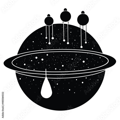 Abstract Black and White Planet Illustration: Sci-Fi Space Art with Rings, Satellites, and Cosmic Starfield Design