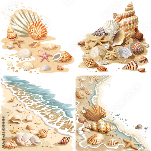 Coastal Composition: A collection of intricately illustrated seashells and starfish are artfully arranged on a sandy beach, alongside gentle waves. Each detail has been carefully painted.